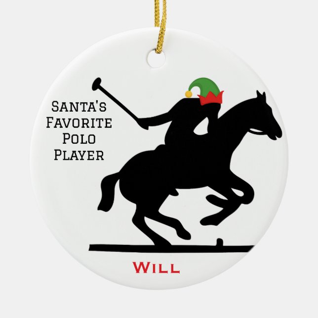 Personalized Cute Santa's Elf Playing Polo  Ceramic Ornament (Front)