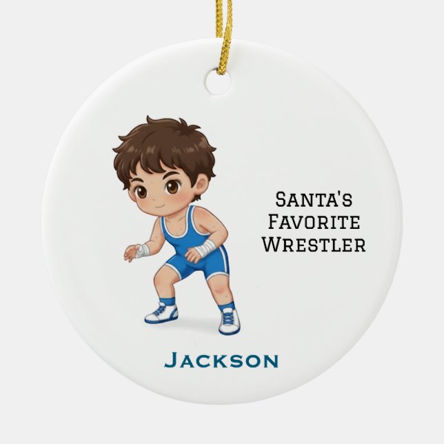 Personalized Cute Santa's Favorite Wrestler Ceramic Ornament (Front)