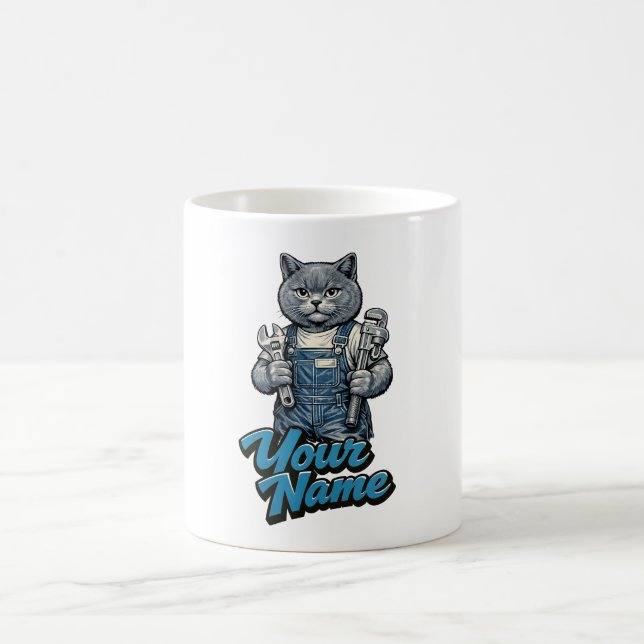 Personalized Cute Scottish Fold Cat Plumber Coffee Mug (Center)