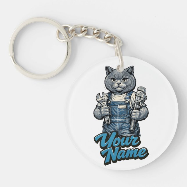 Personalized Cute Scottish Fold Cat Plumber Keychain (Front)