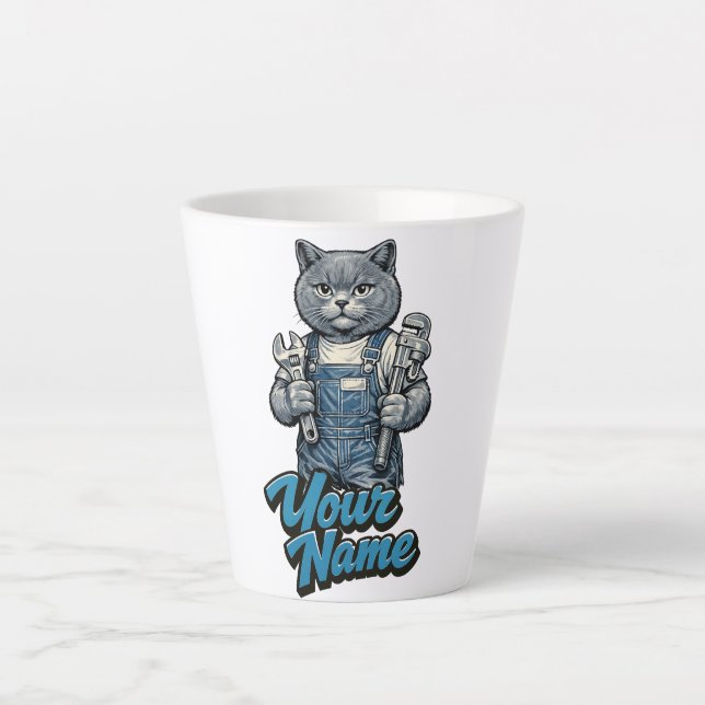 Personalized Cute Scottish Fold Cat Plumber Latte Mug (Front)