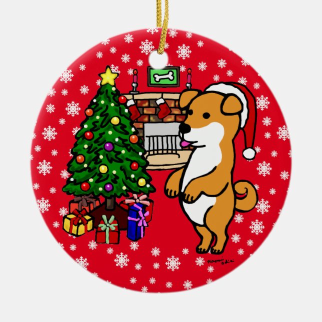 Personalized cute Shiba Inu Puppy Christmas Ceramic Ornament (Front)