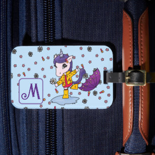 Personalized Cute & Simple Blue Unicorn Floral Luggage Tag