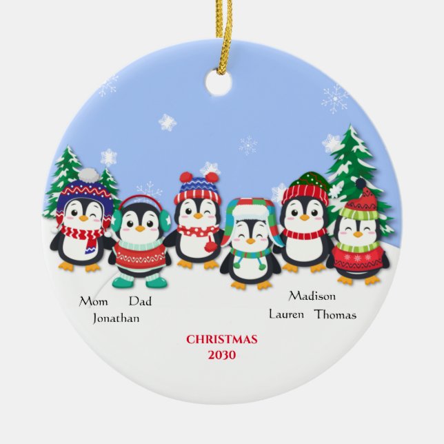 Personalized Cute  Six Penguin  Snow Scene     Ceramic Ornament (Front)
