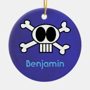 Personalized Cute Skull and Crossbones Ceramic Ornament