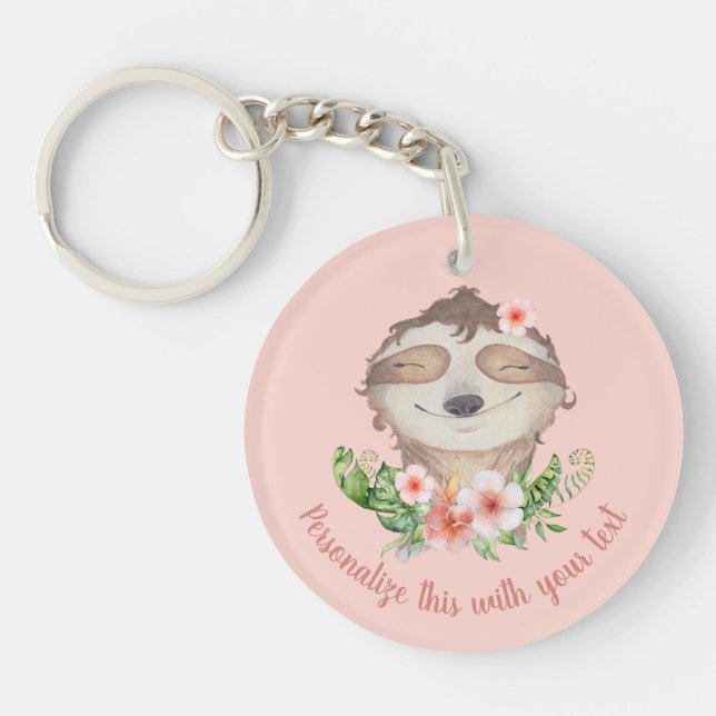 Personalized cute sloth blush pink flower keychain (Front)
