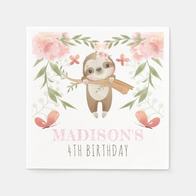 Personalized Cute Sloth Girl Birthday Napkin (Front)