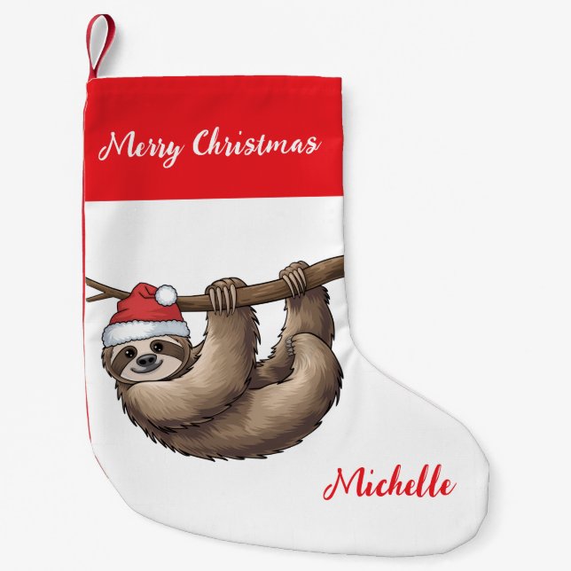 Personalized Cute Sloth Santa Hat Holiday          Small Christmas Stocking (Front)