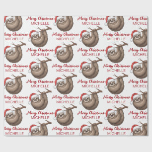 Personalized Cute Sloth Santa Hat Holiday Wrapping Paper