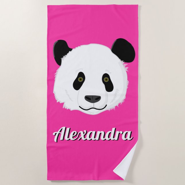 Personalized Cute Smiling Panda Bear Face Beach Towel (Front)
