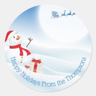 Personalized Cute Snowman and Santa Classic Round Sticker