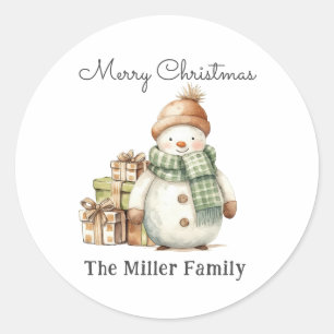 Personalized Cute Snowman & Christmas Presents  Classic Round Sticker