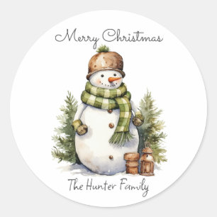 Personalized Cute Snowman Watercolor Christmas Classic Round Sticker