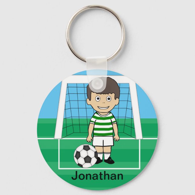 Personalized Cute Soccer Player Green White hoops Keychain (Front)