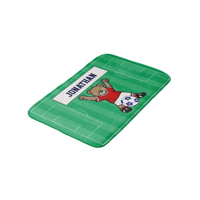 Personalized Cute Soccer Teddy Bear (red) Bath Mat (Angled)
