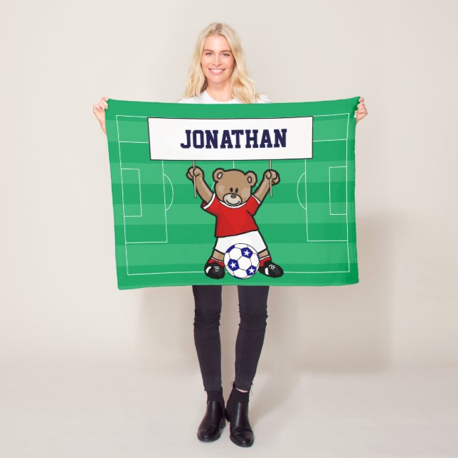 Personalized Cute Soccer Teddy Bear (red) Fleece Blanket (In Situ)