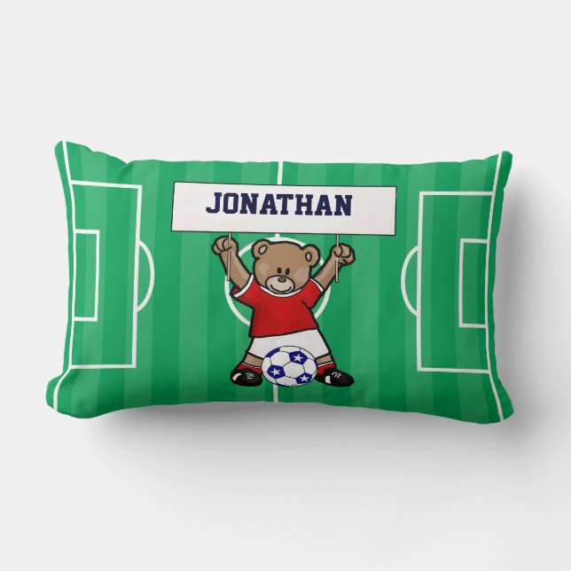 Personalized Cute Soccer Teddy Bear (red) Lumbar Pillow (Front)