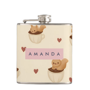 Personalized Cute Squirrel in Coffee Cup Pattern Hip Flask
