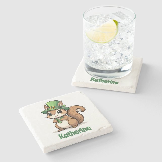 Personalized Cute St. Patrick's Day Squirrel Stone Coaster (Side)