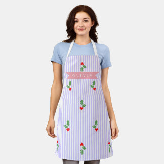 Personalized Cute Striped Holiday Christmas Holly  Apron