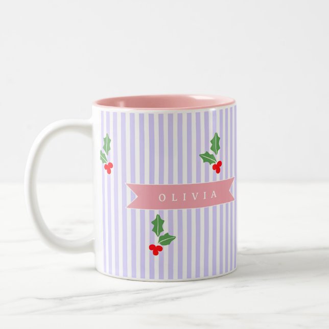 Personalized Cute Striped Holiday Christmas Holly  Two-Tone Coffee Mug (Left)