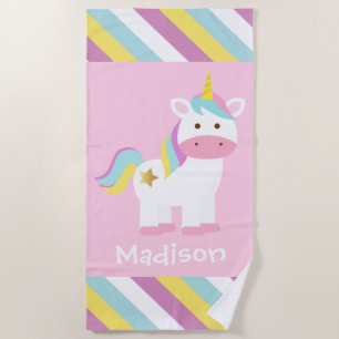 Personalized Cute Striped Unicorn Beach Towel
