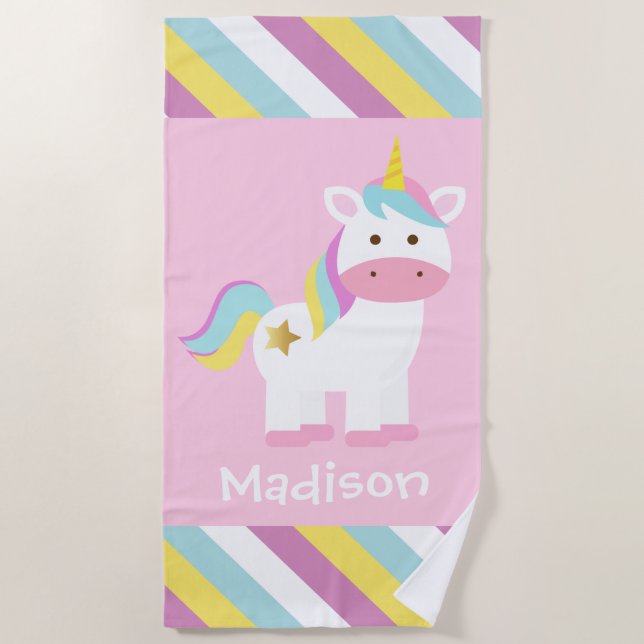 Personalized Cute Striped Unicorn Beach Towel (Front)