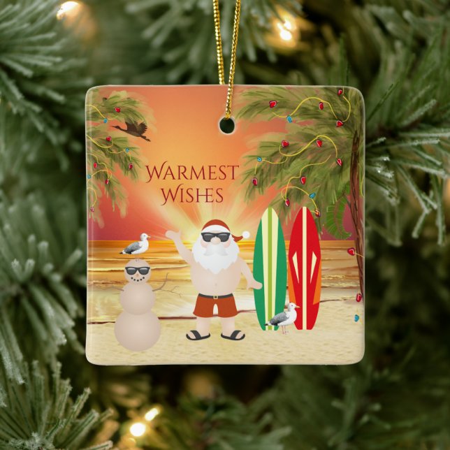 Personalized Cute Surfing Santa Beach Christmas Ceramic Ornament (Tree)