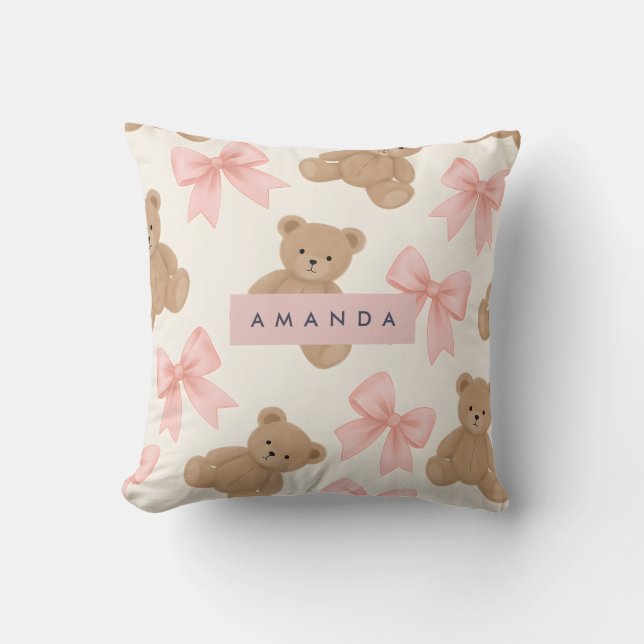 Personalized Cute Teddy Bear and Pink Bow Pattern Throw Pillow (Front)