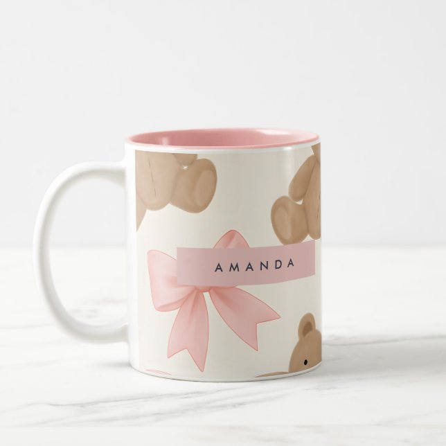 Personalized Cute Teddy Bear and Pink Bow Pattern Two-Tone Coffee Mug (Left)