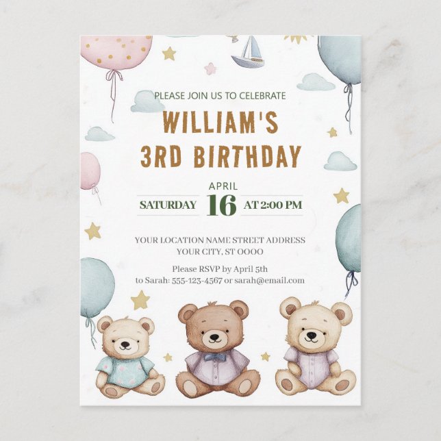 Personalized Cute Teddy Bear Birthday Postcard (Front)