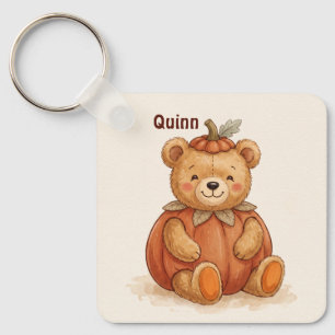 Personalized Cute Teddy Bear Pumpkin Fall Keychain