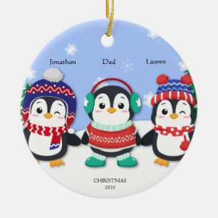 Personalized Cute Three Penguin  Snow Scene Ceramic Ornament
