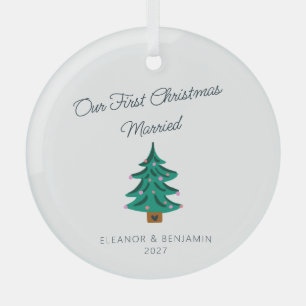 Personalized Cute Tree First Christmas Married Glass Ornament