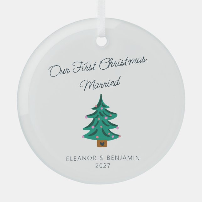 Personalized Cute Tree First Christmas Married Glass Ornament (Front)