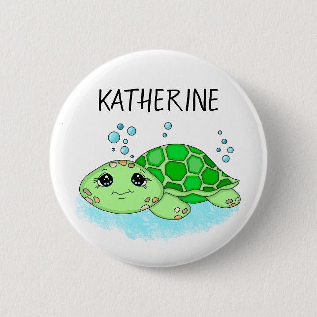 Personalized Cute Turtle Cartoon Name  2 Inch Round Button (Front)