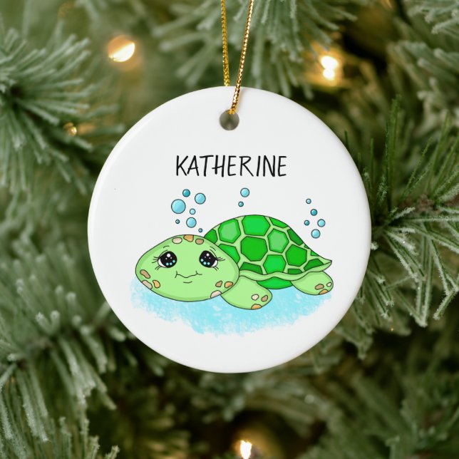 Personalized Cute Turtle Cartoon Name  Ceramic Ornament (Tree)