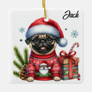 Personalized Cute Ugly Christmas Sweater Pug Ceramic Ornament