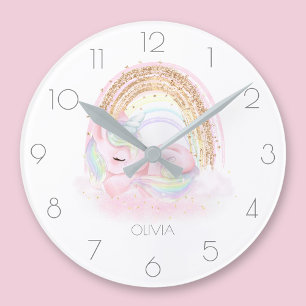 Personalized cute unicorn girl rainbow round clock