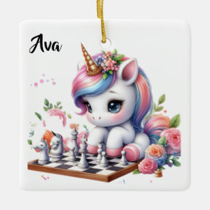 Personalized Cute Unicorn/Little Kid playing chess Ceramic Ornament