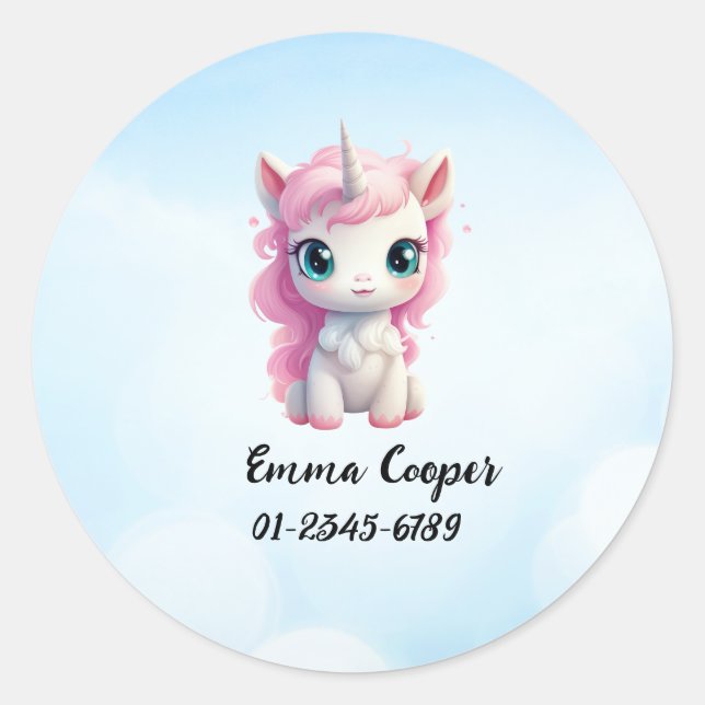 Personalized Cute Unicorn,Name,Phone number Classic Round Sticker (Front)