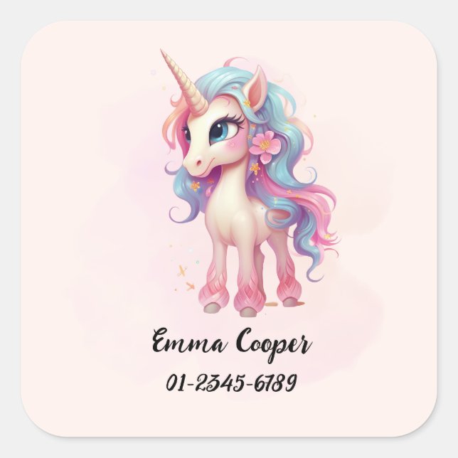 Personalized Cute Unicorn,Name,Phone number Square Sticker (Front)