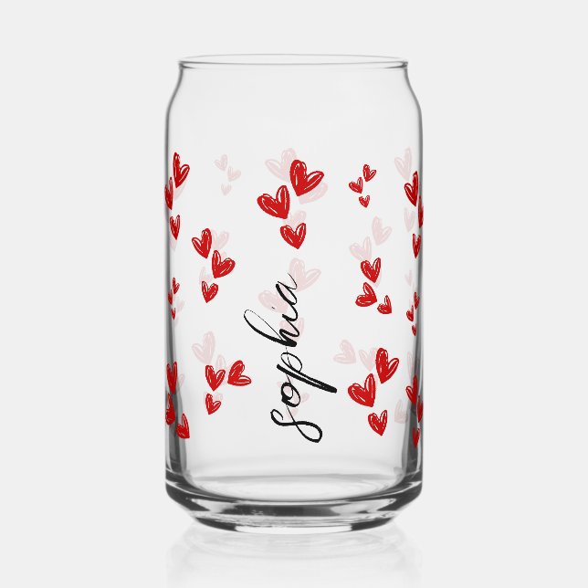 personalized cute Valentine gift - red hearts Can Glass (Front)