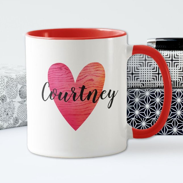 Personalized Cute Valentines Day Red Heart Mug (A cute red heart with a wood texture personalized with your name)