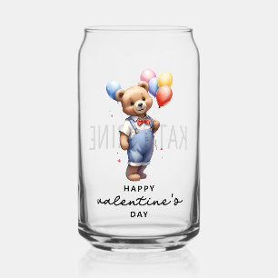 Personalized Cute Valentines Day Watercolor Bear Can Glass