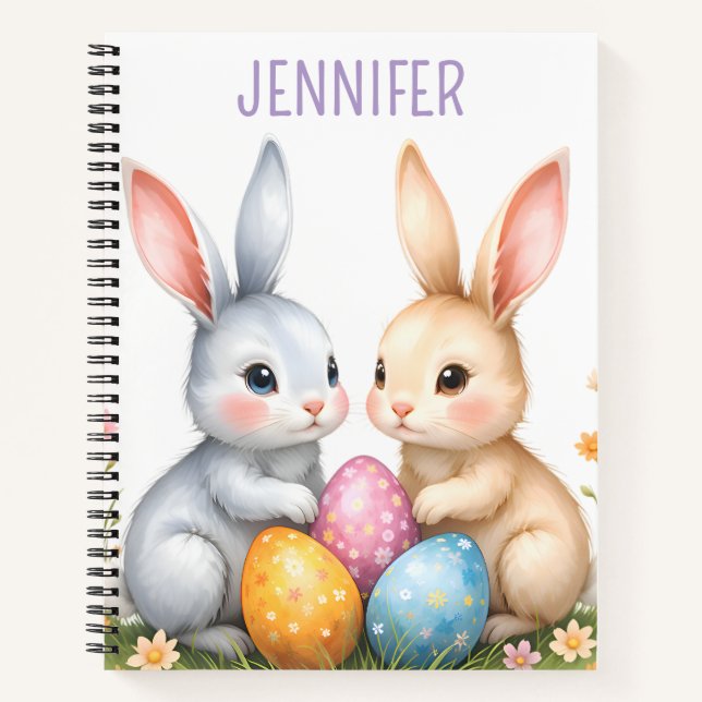 Personalized Cute Watercolor Easter Bunnies Notebook (Front)