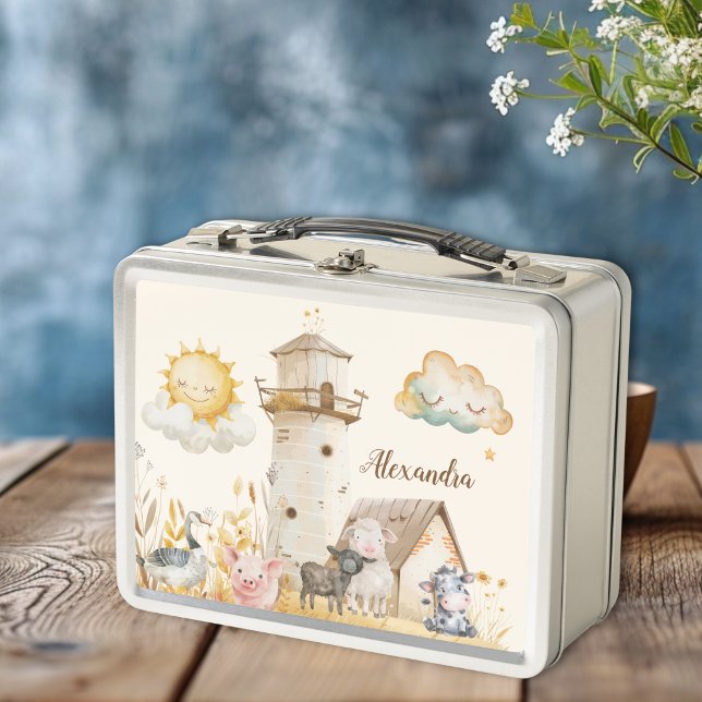 Personalized Cute Watercolor Farm Animals  Metal Lunch Box (Creator Uploaded)
