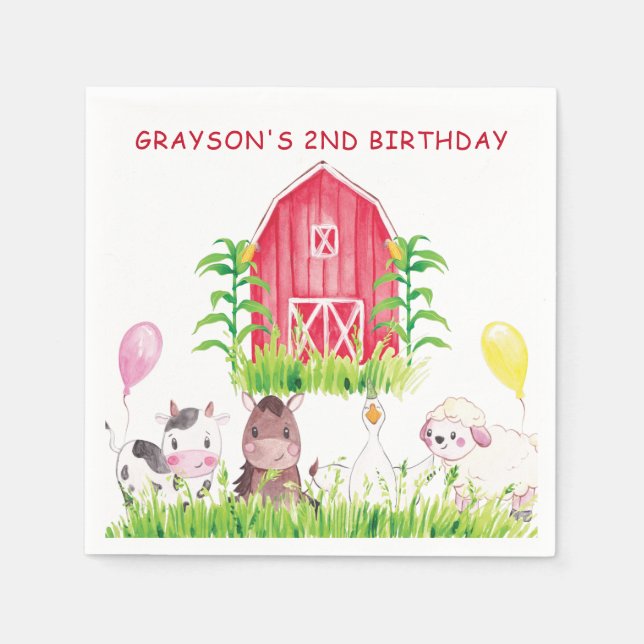 Personalized Cute Watercolor Farm Birthday Napkin (Front)