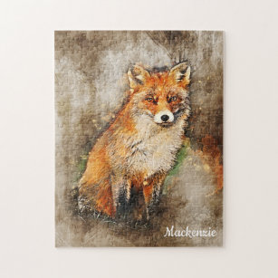 Personalized Cute Watercolor Fox Art Jigsaw Puzzle