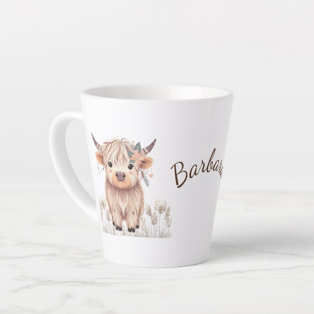 Personalized Cute Watercolor Highland Cow Latte Mug (Left Angle)